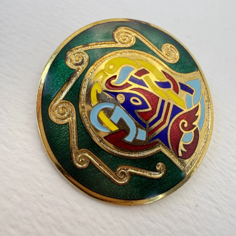 Vintage Celtic Enamel Brooch Gold Tone Colorful Knotwork Zoomorphic Pin